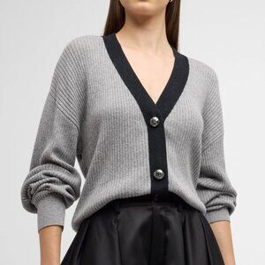 Ramy Brook Nina Cashmere Blend Rib-Knit Relaxed Fit Contrast Cardigan Sweater S